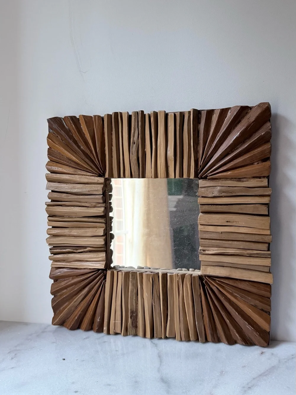 Handcrafted Brown Wooden Square Wall Mirror